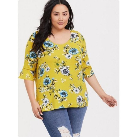 Torrid Super Soft Lime Green Floral Bell Sleeve Top 3x - Picture 2 of 7